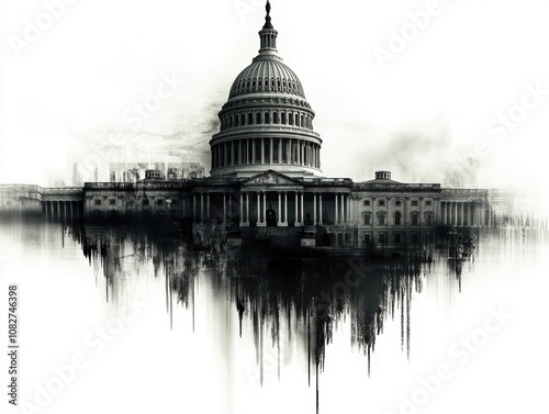 Capitol building silhouette in black and white, dramatic contrast and reflection.