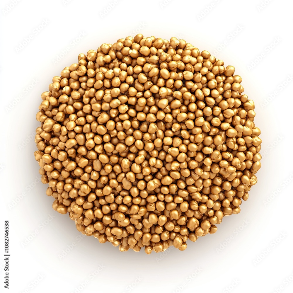 A close-up view of small, round, golden mustard seeds forming a circular shape against a white background. A close-up view of small, round, golden mustard seeds forming a circular shape against a white background.
