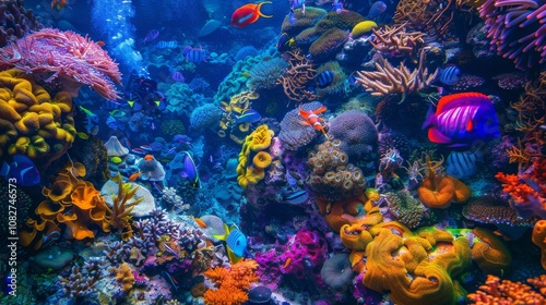 An exhilarating scuba diving expedition in a vibrant coral reef, Diving gear prepared for underwater exploration, Coral reef exploration style