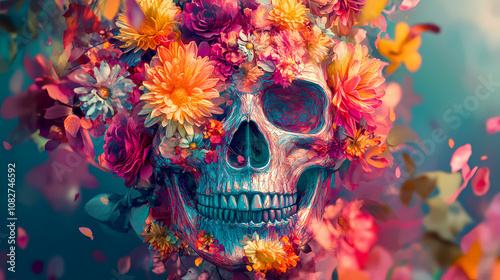 Generative ai image of a skull adorned with vibrant flowers. Ephemeral. Illustration