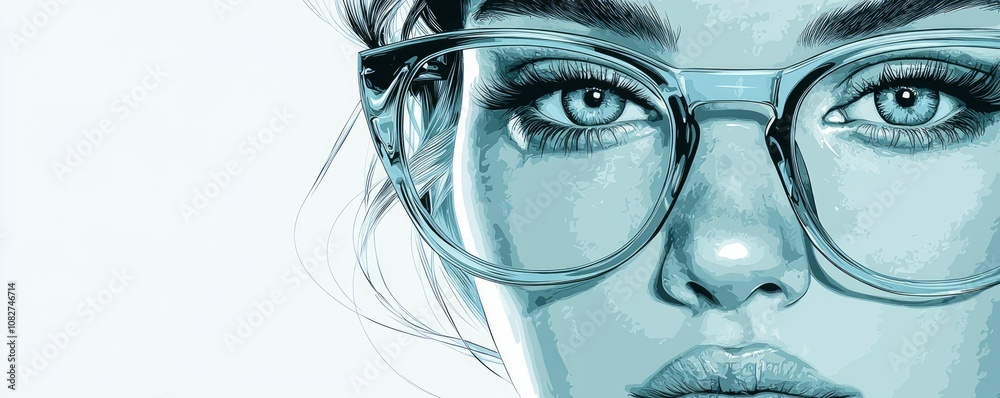 Vector-style illustration of a woman wearing glasses, showcasing her striking blue eyes and contemporary hairstyle in a minimalist setting Vector-style illustration of a woman wearing glasses, showcasing her striking blue eyes and contemporary hairstyle in a minimalist setting