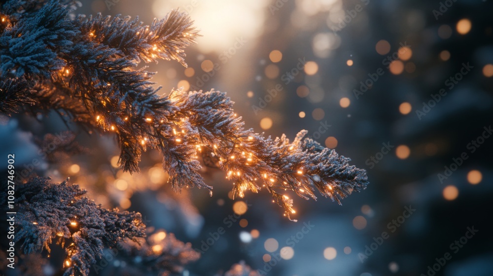 Frosted Pine Branch with Warm Lights and Bokeh Background Frosted Pine Branch with Warm Lights and Bokeh Background