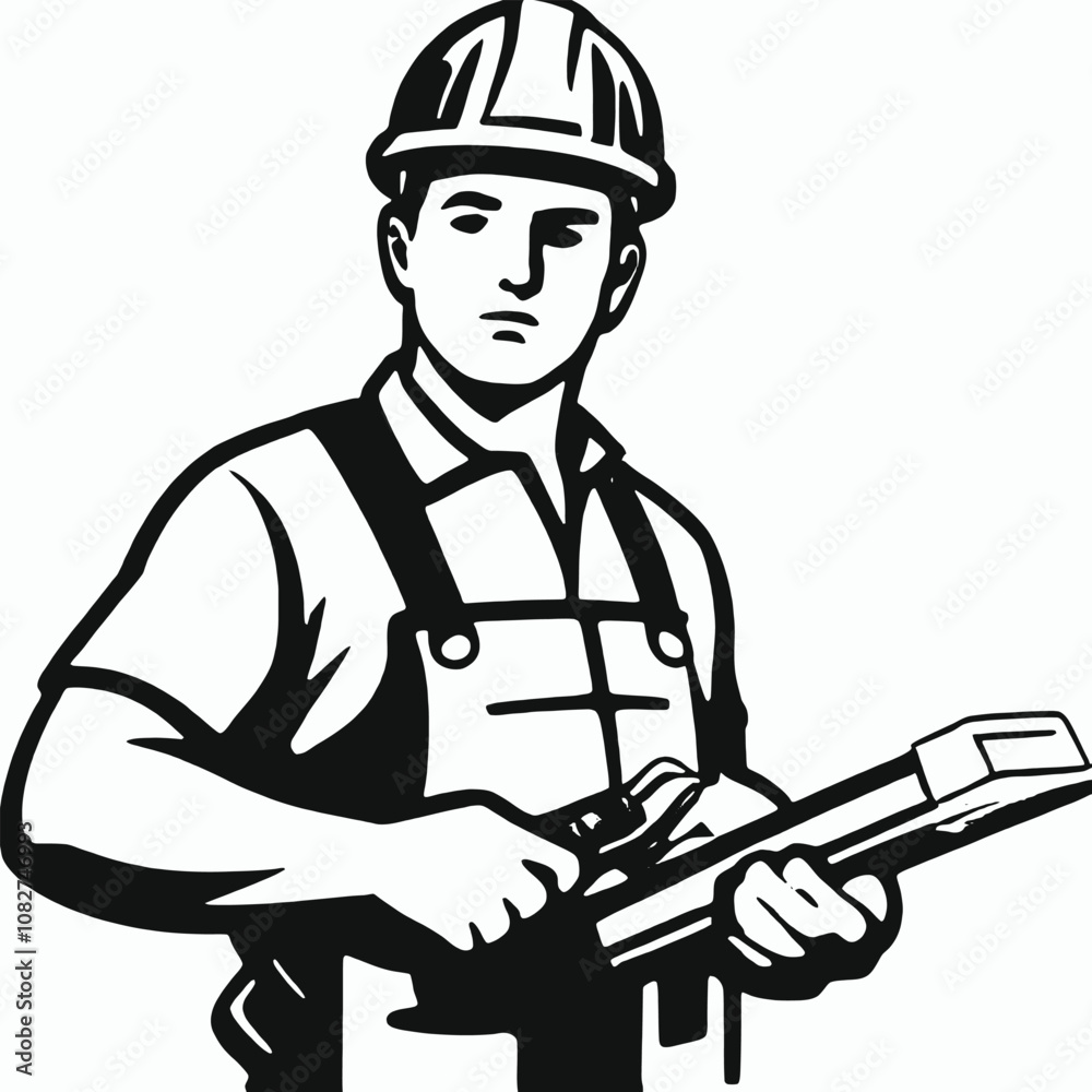 A construction worker wearing a hard hat and holding a power tool A construction worker wearing a hard hat and holding a power tool