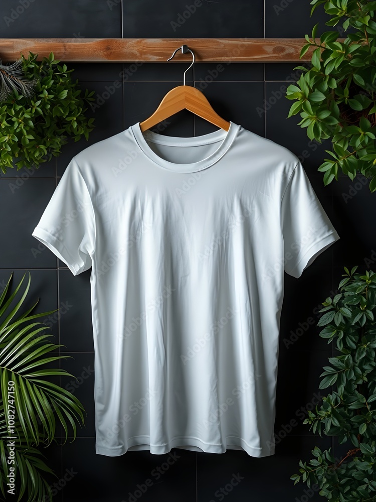 A digital mockup of a white t-shirt hanging on a wooden hanger against a dark tiled wall. The layout is symmetrical, with the t-shirt centered in the frame.