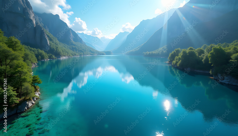 Breathtaking landscape of pristine lake reflecting mountains under blue sky showcasing ecological beauty Breathtaking landscape of pristine lake reflecting mountains under blue sky showcasing ecological beauty