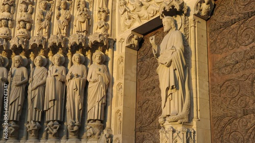Carved figurines and the main entrance doors, Notre Dame Cathedral, Paris, Île-de-France, France