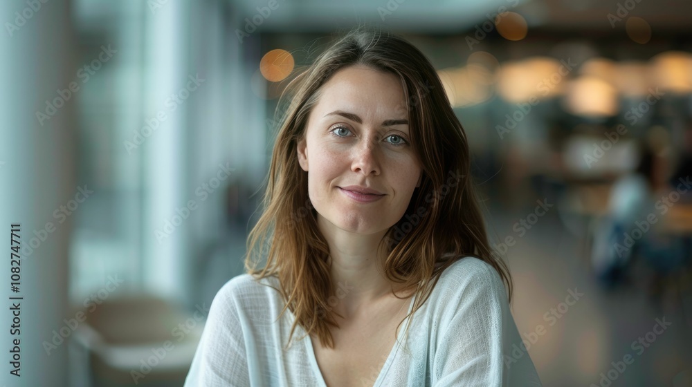 Professional portrait with soft natural light and blurred office background Professional portrait with soft natural light and blurred office background