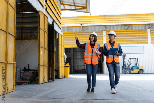 Two construction workers wearing orange vests walk down a yellow hallway