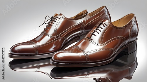 "A pair of classic leather shoes with reflections, on a white background."