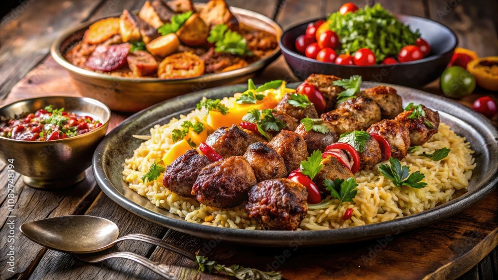Indulge in succulent grilled chicken accompanied by flavorful spiced rice and vibrant Eastern salads, a perfect combination for food enthusiasts seeking a delightful dining experience. Indulge in succulent grilled chicken accompanied by flavorful spiced rice and vibrant Eastern salads, a perfect combination for food enthusiasts seeking a delightful dining experience.