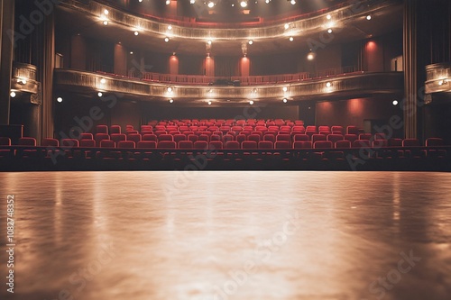Beautiful interior of a classic theater showcasing red plush seats and warm lighting, inviting audiences to enjoy a live performance on stage.