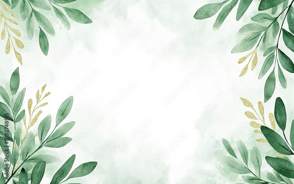 A serene background with lush green leaves and subtle golden accents, perfect for invitations, presentations, or creative projects A serene background with lush green leaves and subtle golden accents, perfect for invitations, presentations, or creative projects