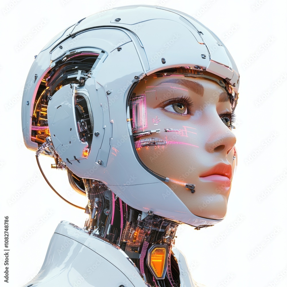 Futuristic robotic head with intricate circuitry and sleek design on a white background. Futuristic robotic head with intricate circuitry and sleek design on a white background.