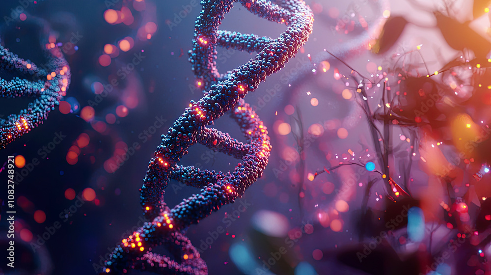 3D representation of a genome with highlighted genes and colorful annotations 3D representation of a genome with highlighted genes and colorful annotations