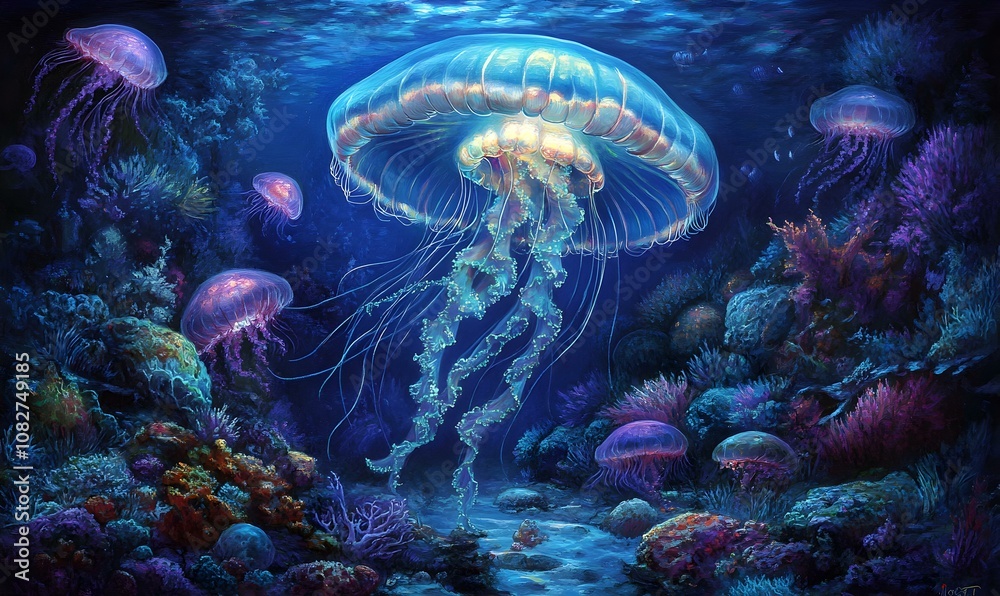 Ethereal Jellyfish Gliding Through Deep Ocean Waters, Illuminated by Bioluminescent Glow, Captivating Marine Beauty in Motion Ethereal Jellyfish Gliding Through Deep Ocean Waters, Illuminated by Bioluminescent Glow, Captivating Marine Beauty in Motion