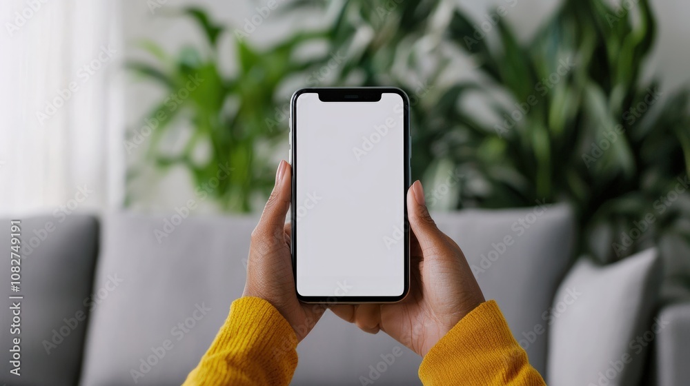 Woman holding smartphone with blank screen, using mobile app at home Woman holding smartphone with blank screen, using mobile app at home