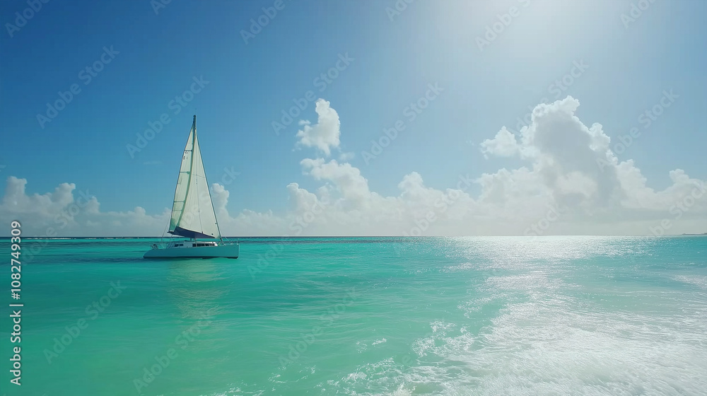 Fototapeta premium Sailboat Gliding on Turquoise Waters Under a Clear Sky