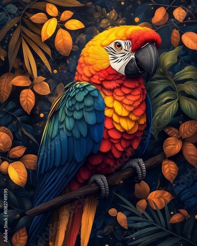 Illustration Art Déco d’un perroquet vibrant avec motifs géométriques et accents dorés