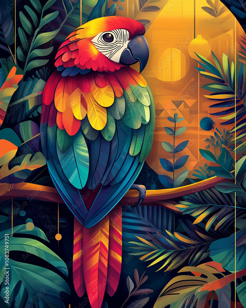 Obraz premium Illustration Art Déco d’un perroquet vibrant avec motifs géométriques et accents dorés