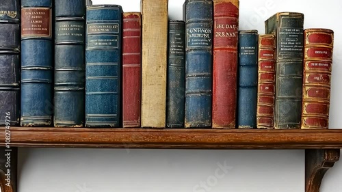 Wallpaper Mural A row of antique books sits on a wooden shelf, showcasing their worn leather bindings and intricate designs Torontodigital.ca