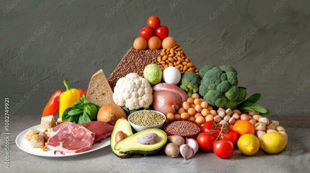 Protein-rich foods arranged in a pyramid Protein-rich foods arranged in a pyramid