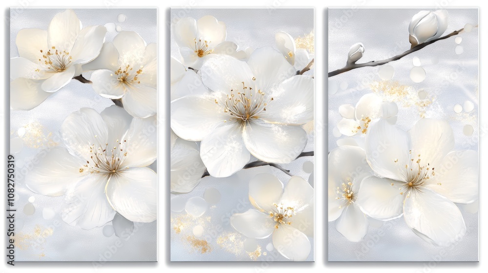 Elegant simplicity, three white flowers on a pristine white background serene and minimalist floral photography for design inspiration Elegant simplicity, three white flowers on a pristine white background serene and minimalist floral photography for design inspiration