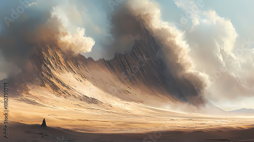 Sweeping winds shape towering sand dunes that dominate the desolate landscape, as blown sand weaves ephemeral patterns. Ephemeral. Illustration