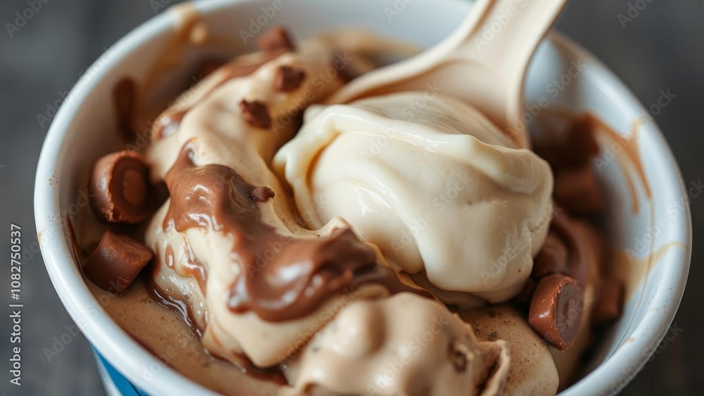Close-up shot of ice cream pint showing smooth, creamy texture, snack, food, container