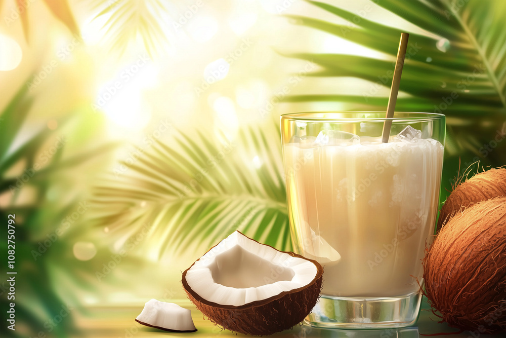 coconut cocktail with coconuts in tropical forest coconut cocktail with coconuts in tropical forest