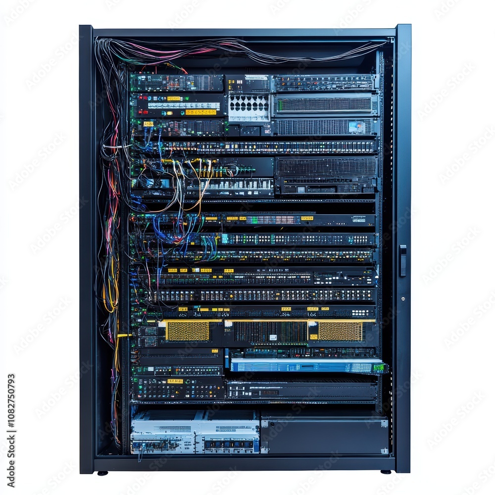 Server rack filled with network equipment and cables, isolated on a white background. Server rack filled with network equipment and cables, isolated on a white background.