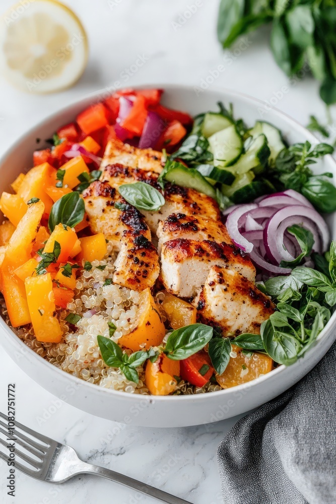 Gourmet Quinoa Salad Close-Up Shot with Grilled Chicken, Colorful Vegetables, and Fresh Herbs on a Marble Background Gourmet Quinoa Salad Close-Up Shot with Grilled Chicken, Colorful Vegetables, and Fresh Herbs on a Marble Background