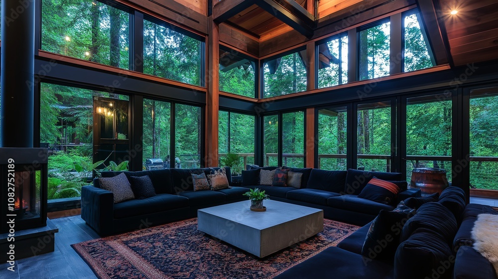 Living Room with Large Windows, Concrete Coffee Table, and Black Accents Living Room with Large Windows, Concrete Coffee Table, and Black Accents