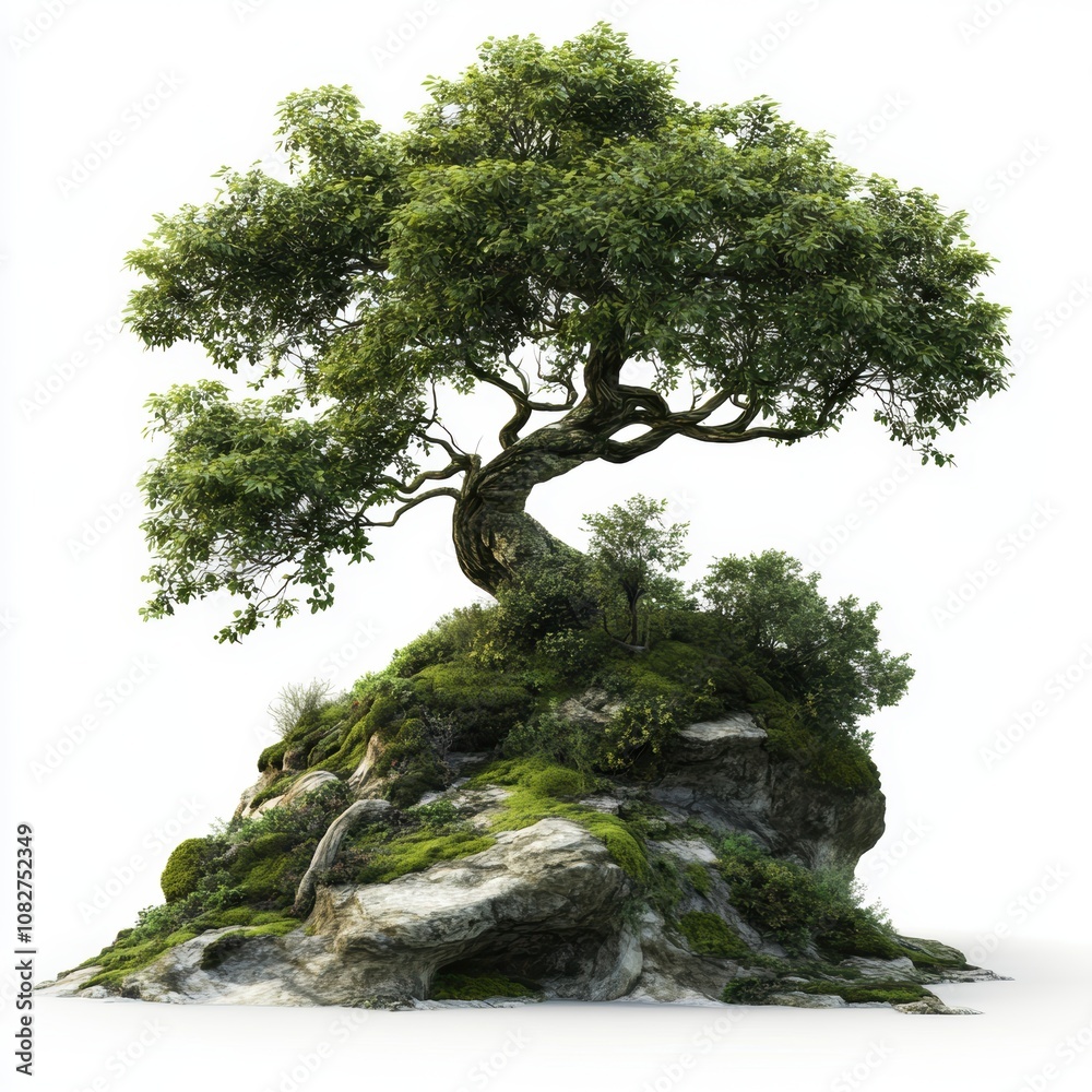 Tree on rock with lush green leaves, white isolated background. Tree on rock with lush green leaves, white isolated background.