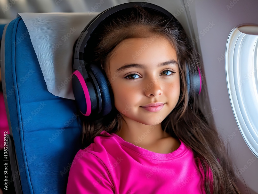 A young girl wearing headphones sitting in an airplane A young girl wearing headphones sitting in an airplane