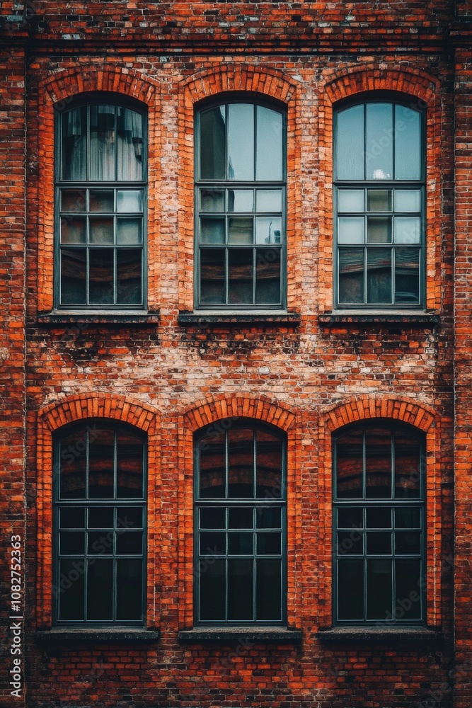 Obraz premium Vintage red-brick building facade featuring large windows in an urban setting during the day