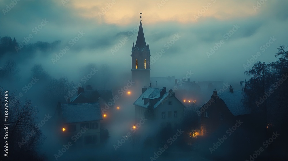 A misty, snow-covered village with a church steeple rising above the fog. The warm glow of streetlights creates a sense of cozy mystery. A misty, snow-covered village with a church steeple rising above the fog. The warm glow of streetlights creates a sense of cozy mystery.