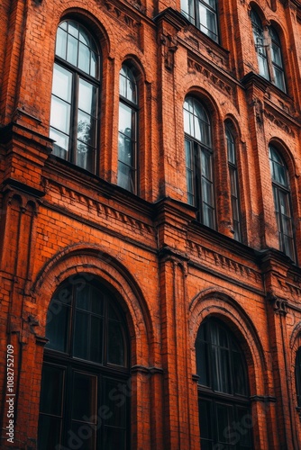 Vintage red-brick building facade with large windows showcasing detailed urban architecture in a bustling city