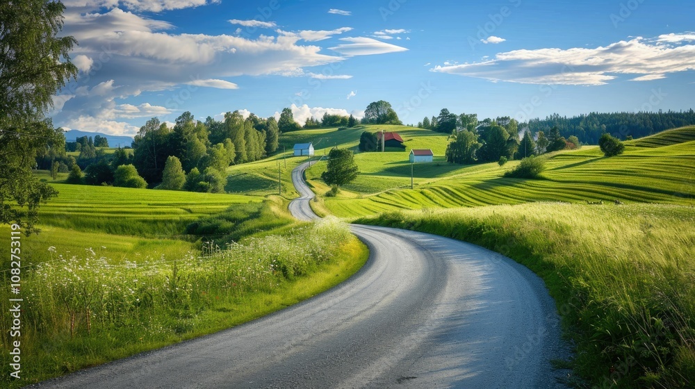 Quiet country road winding through expansive farmland Quiet country road winding through expansive farmland