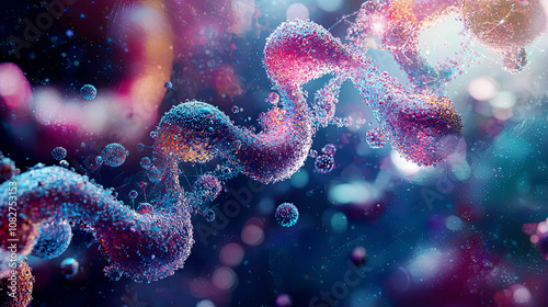 Artistic visualization of bioinformatics processes represented through flowing data and molecular graphics