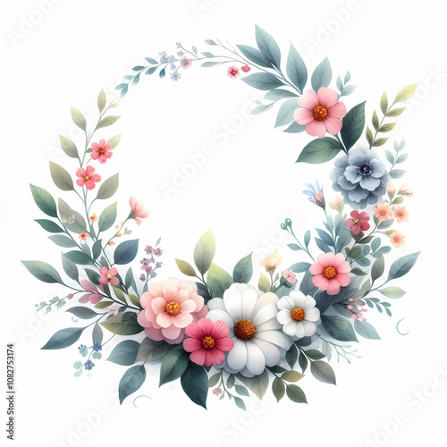 3D style flower wreath on white background
