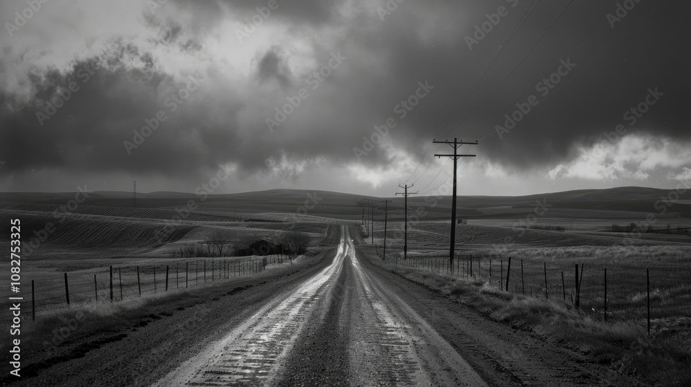 Quiet country road winding through expansive farmland Quiet country road winding through expansive farmland