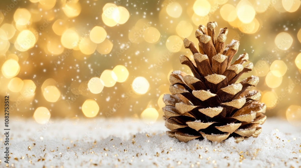 Golden Pine Cone on a Snowy Background with Bokeh Lights