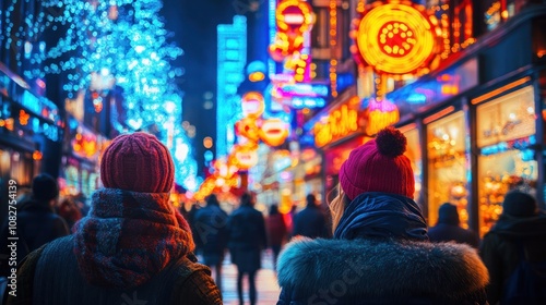 Two people wearing winter hats walk down a brightly lit city street at night.