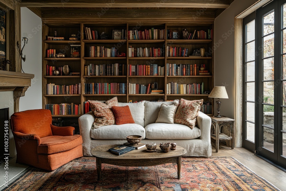 Here's a description and keywords for your stock photo.. Cozy library with fireplace, sofa, bookshelves, and French doors. Here's a description and keywords for your stock photo.. Cozy library with fireplace, sofa, bookshelves, and French doors.