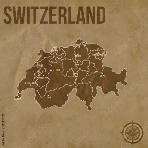 Vintage SWITZERLAND Map with Regions Borders and Major Cities Positions