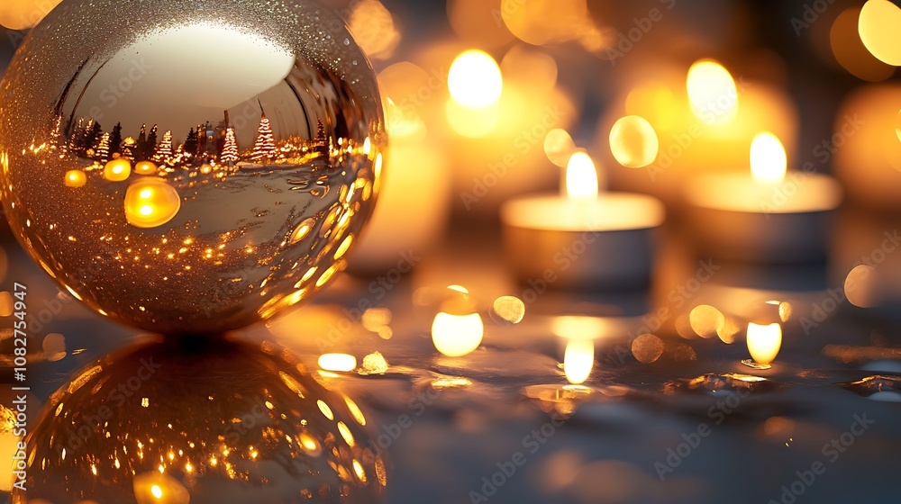 A close-up of a gold Christmas ball with a glossy finish, reflecting the warm glow of nearby candles, creating a cozy holiday ambiance. A close-up of a gold Christmas ball with a glossy finish, reflecting the warm glow of nearby candles, creating a cozy holiday ambiance.