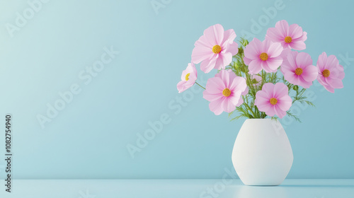 beautiful arrangement of pink cosmos flowers in white vase against light blue background creates serene and elegant atmosphere