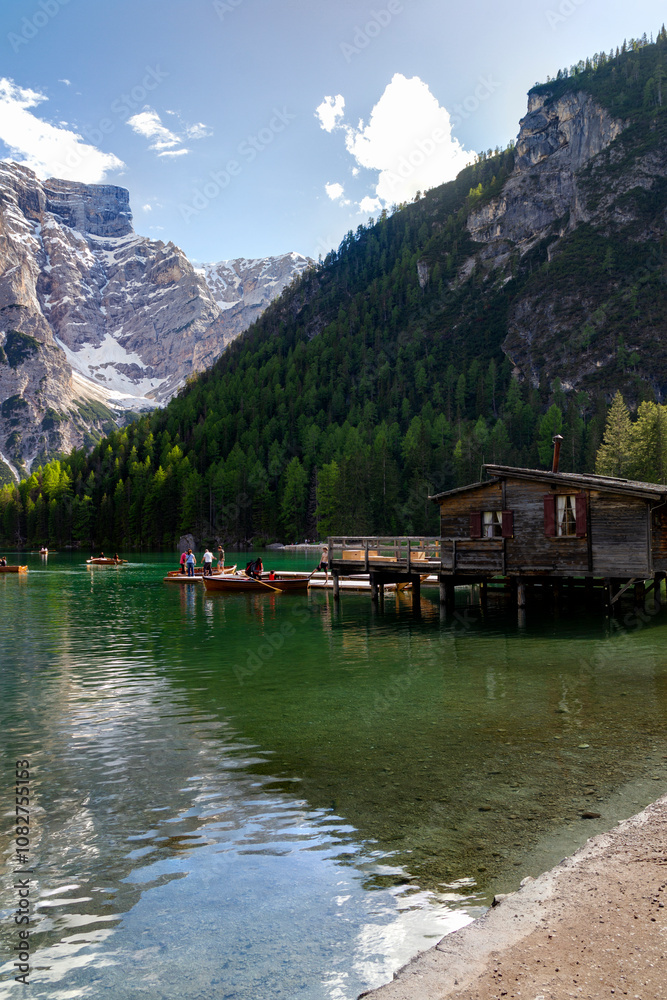 the famous boat cabin at the lake Braies in the province Bolzano, Italy. the famous boat cabin at the lake Braies in the province Bolzano, Italy.