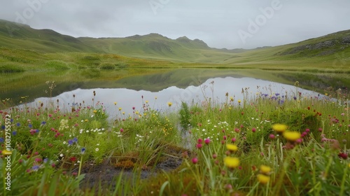 Reflective pond surrounded by green pastures and wildflowers