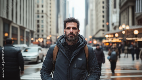 A man with a backpack walks through a busy city street surrounded by tall buildings. He is wearing a dark jacket, and the background shows blurred pedestrians and vehicles.